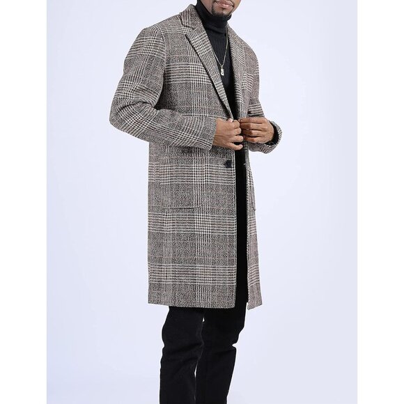 Men's Khaki Wool Blend Pea Coat Notched Collar Single Breasted Overcoat - Picture 3 of 8